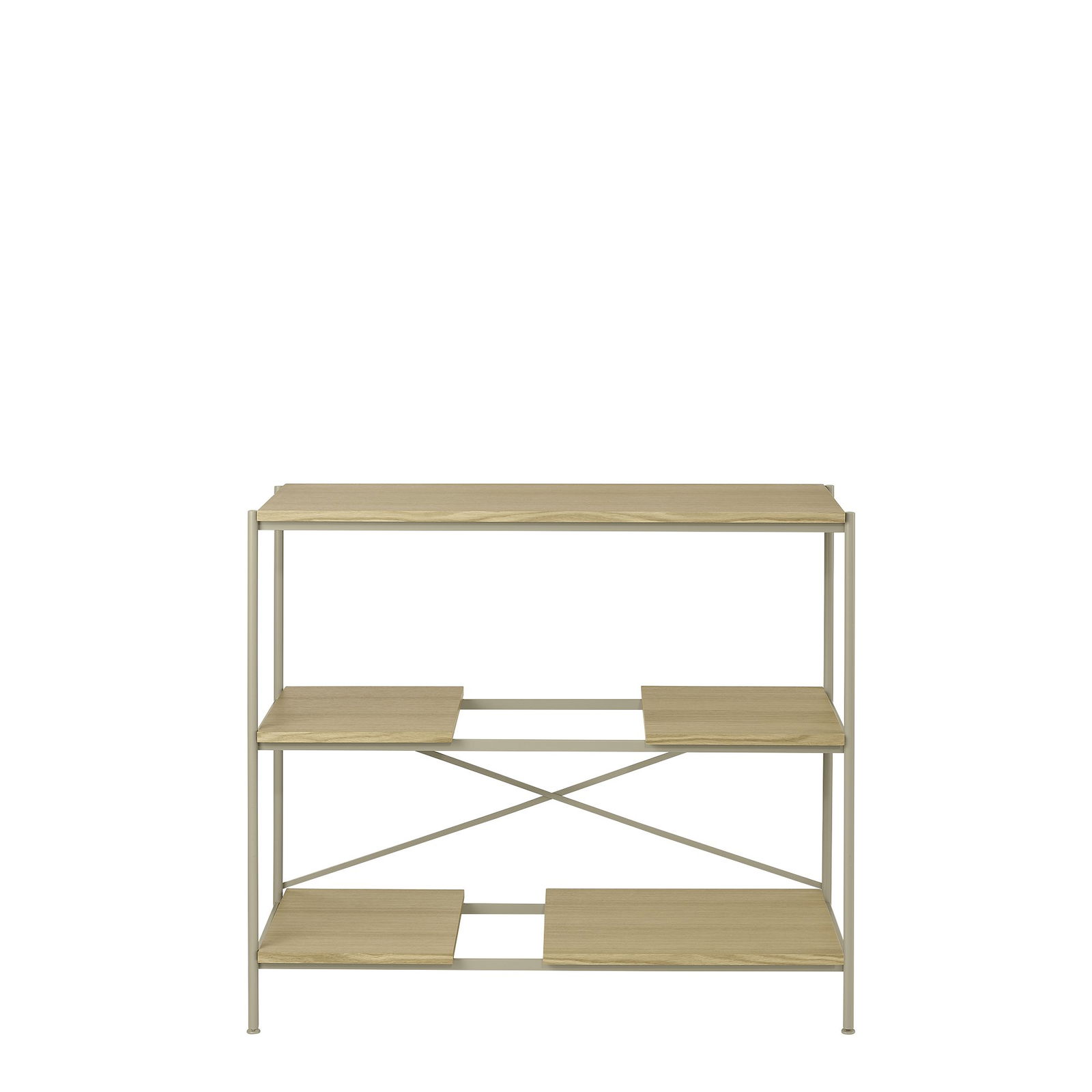 Modern wooden shelf with metal frame and four spacious shelves for storing items.