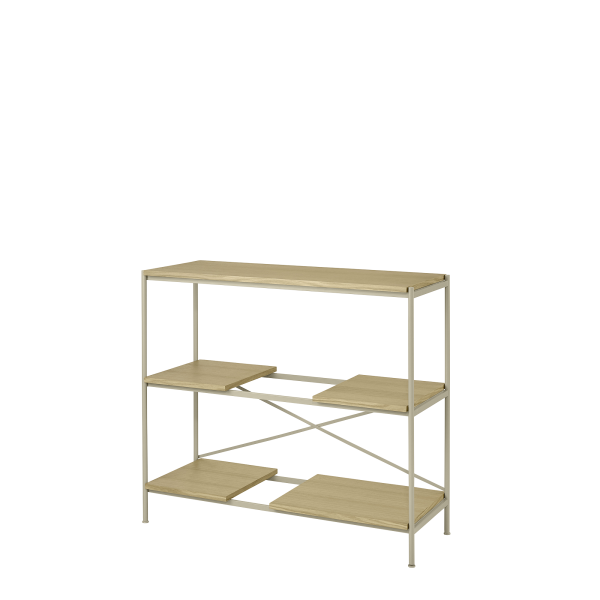 Modern wooden console table with multiple open shelves and a sleek metal frame.