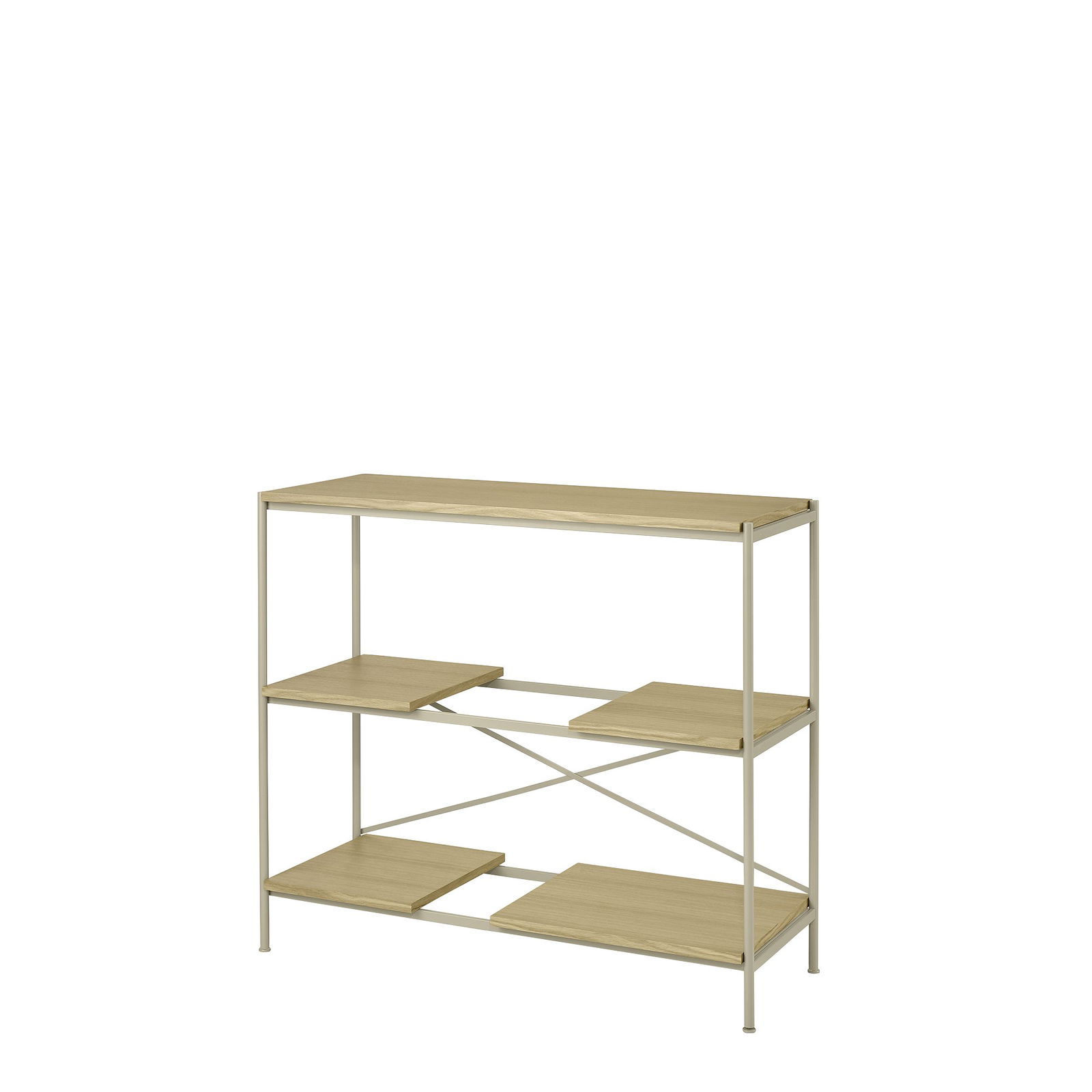Modern wooden console table with multiple open shelves and a sleek metal frame.