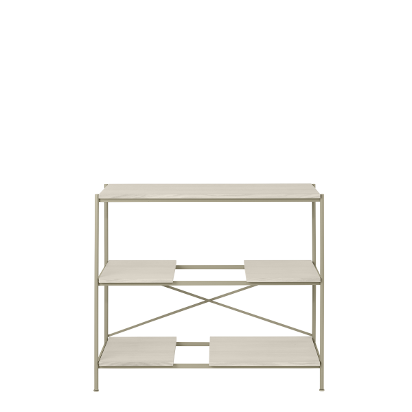 Modern three-tiered shelving unit with a minimalist design and metal frame.