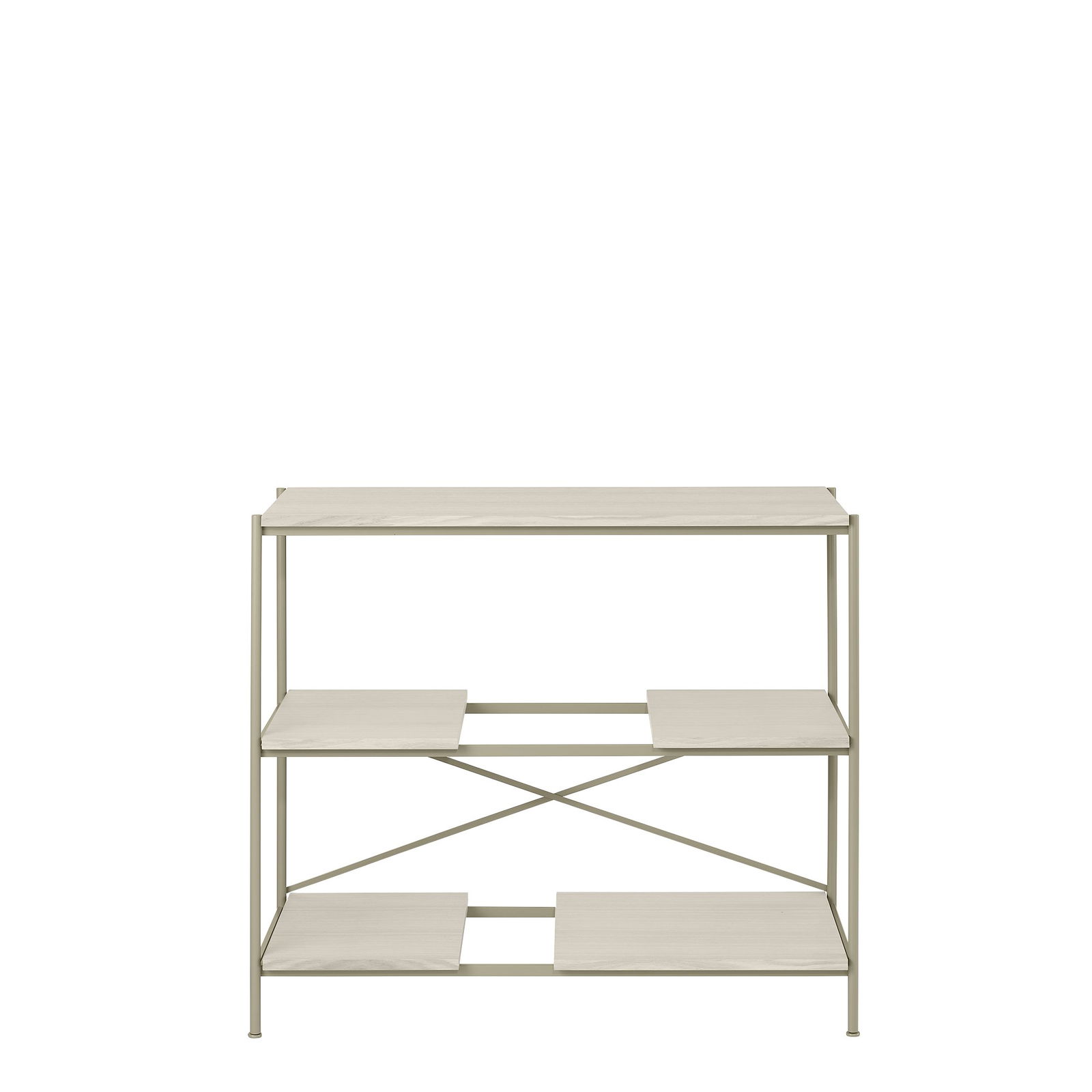 Modern three-tiered shelving unit with a minimalist design and metal frame.