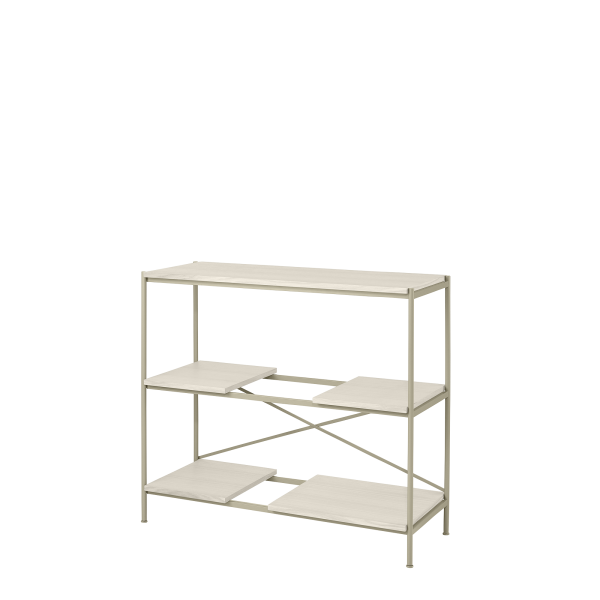 Modern minimalist shelving unit with four shelves and a sleek metal frame.