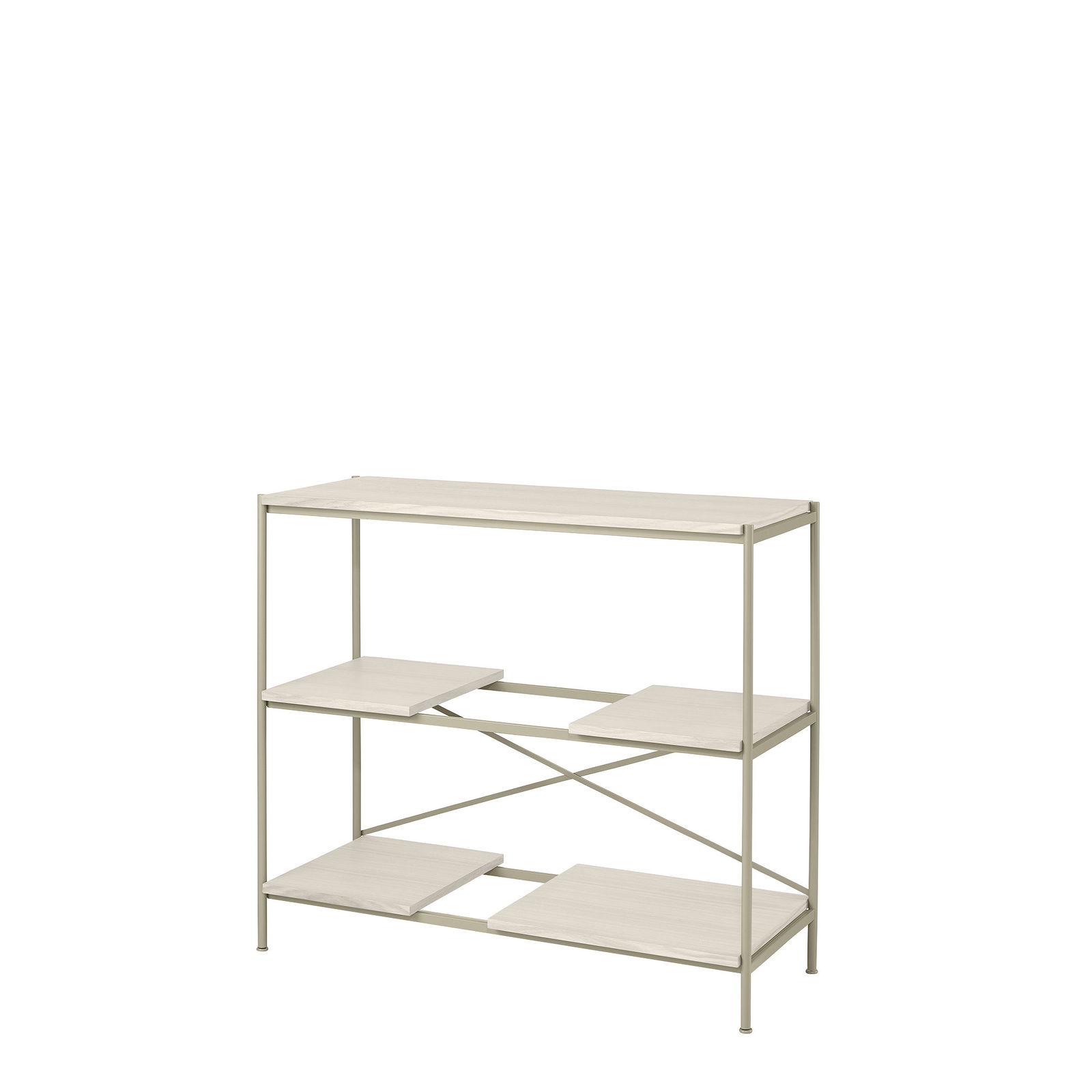 Modern minimalist shelving unit with four shelves and a sleek metal frame.