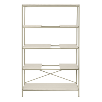 Moderner Bücherregal mit fünf Regalen, elegantem Design und neutraler Farbe für stilvolle Aufbewahrung.