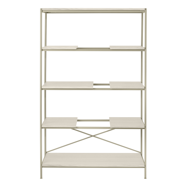 Moderner Bücherregal mit fünf Regalen, elegantem Design und neutraler Farbe für stilvolle Aufbewahrung.