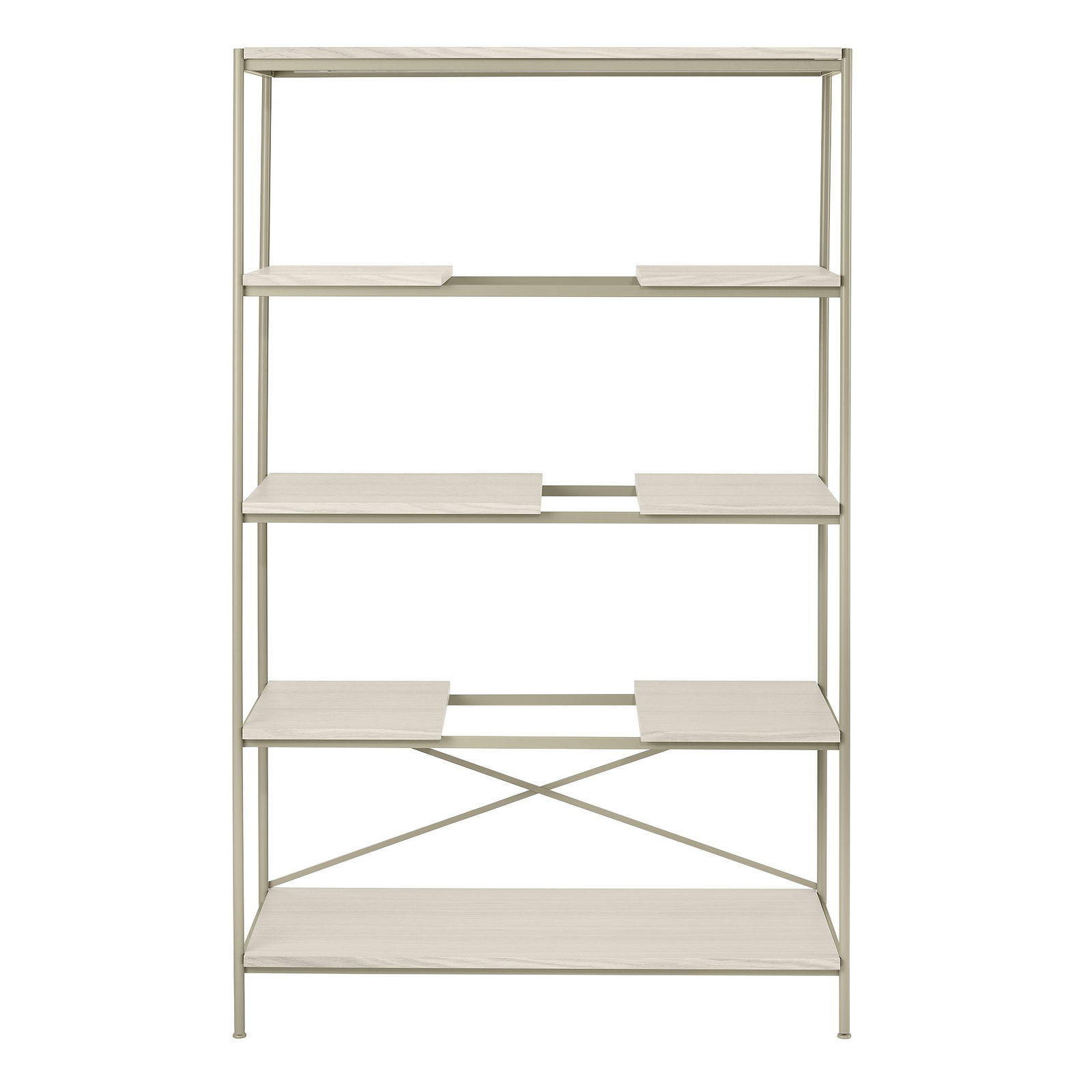 Modern five-shelf bookcase with a sleek design and neutral color for stylish storage.