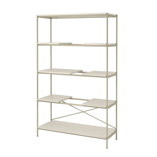 Modern open shelf unit with a sleek metal frame and five wooden shelves for storing items.