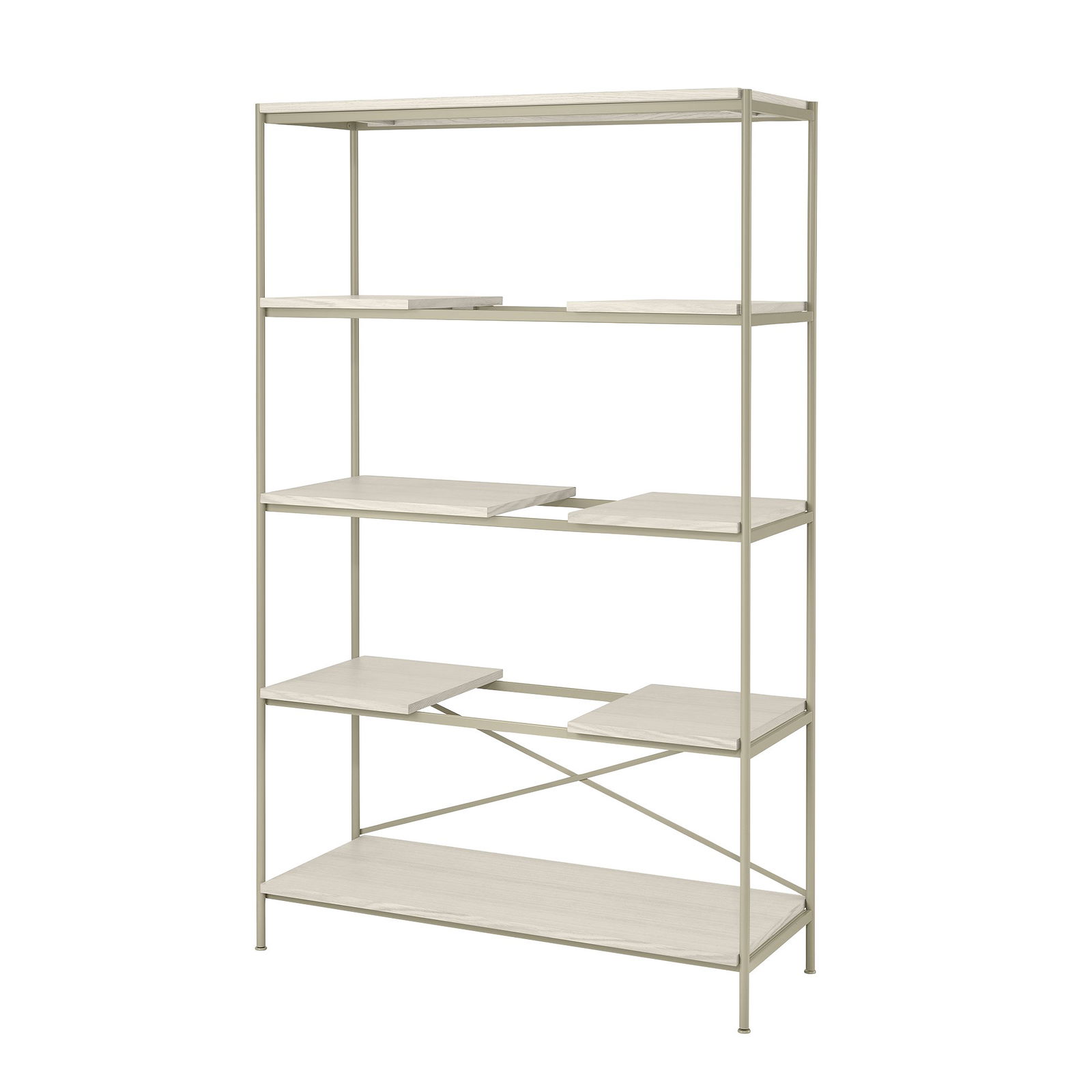 Modern open shelf unit with a sleek metal frame and five wooden shelves for storing items.