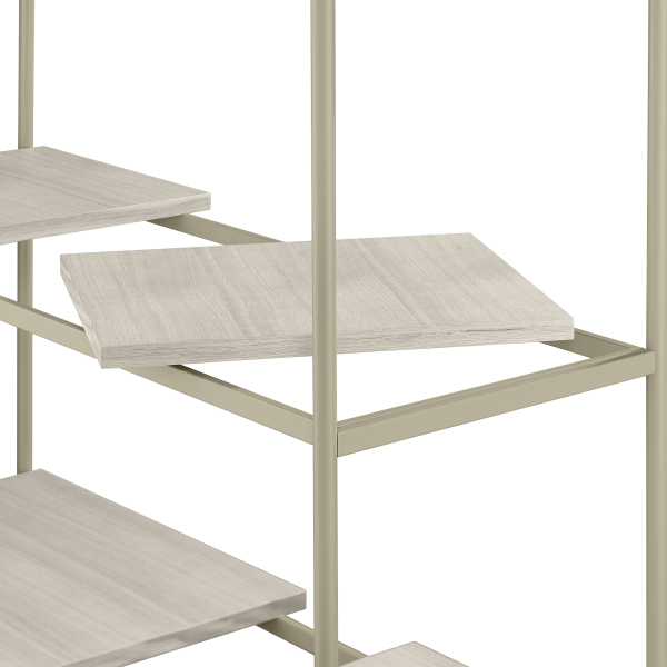Modern multi-level shelving unit with sleek beige wooden shelves and a sturdy metal frame.