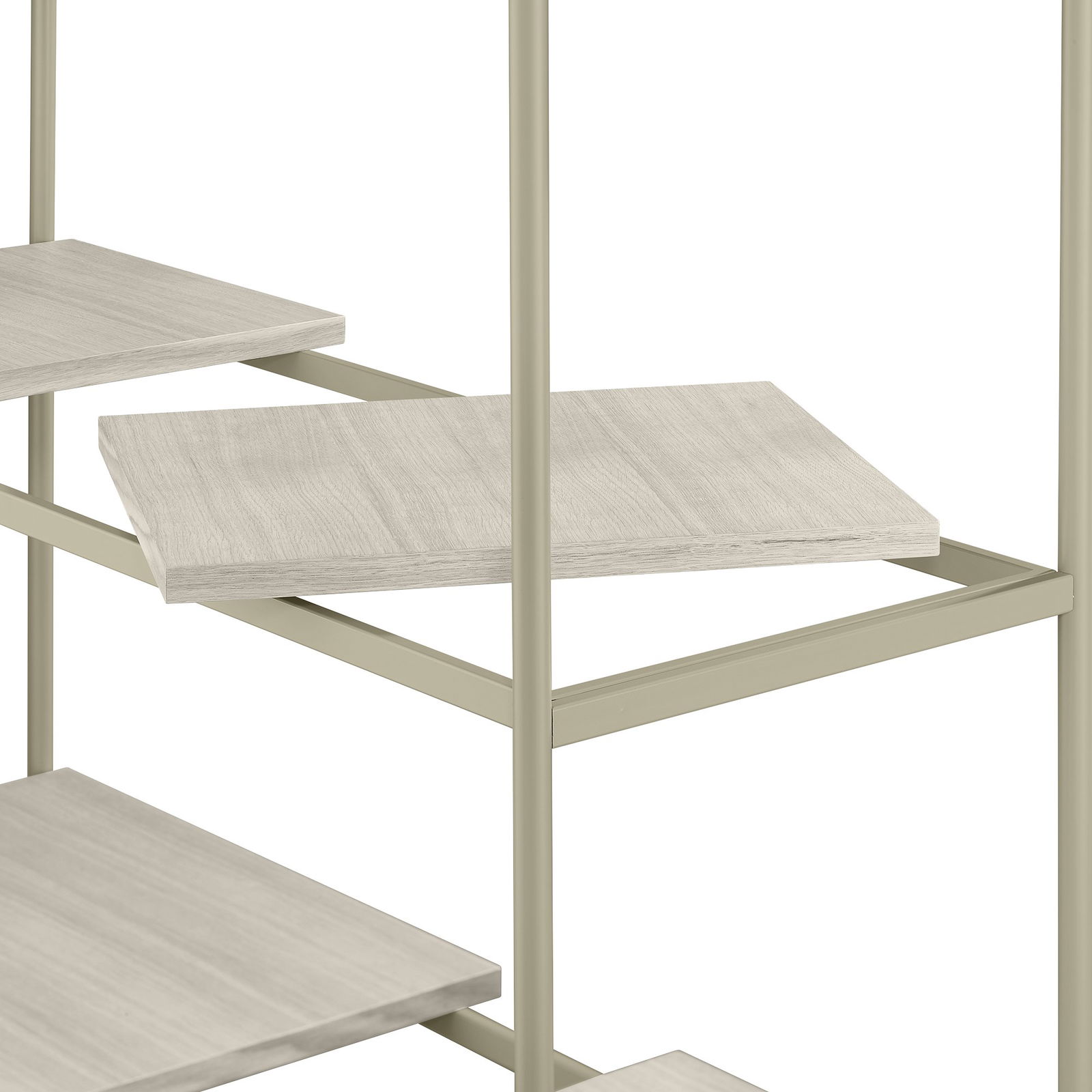 Modern multi-level shelving unit with sleek beige wooden shelves and a sturdy metal frame.