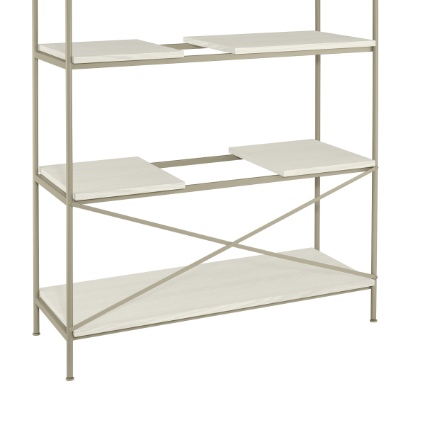 Modern minimalist shelving unit with multiple shelves and a sleek metal frame.