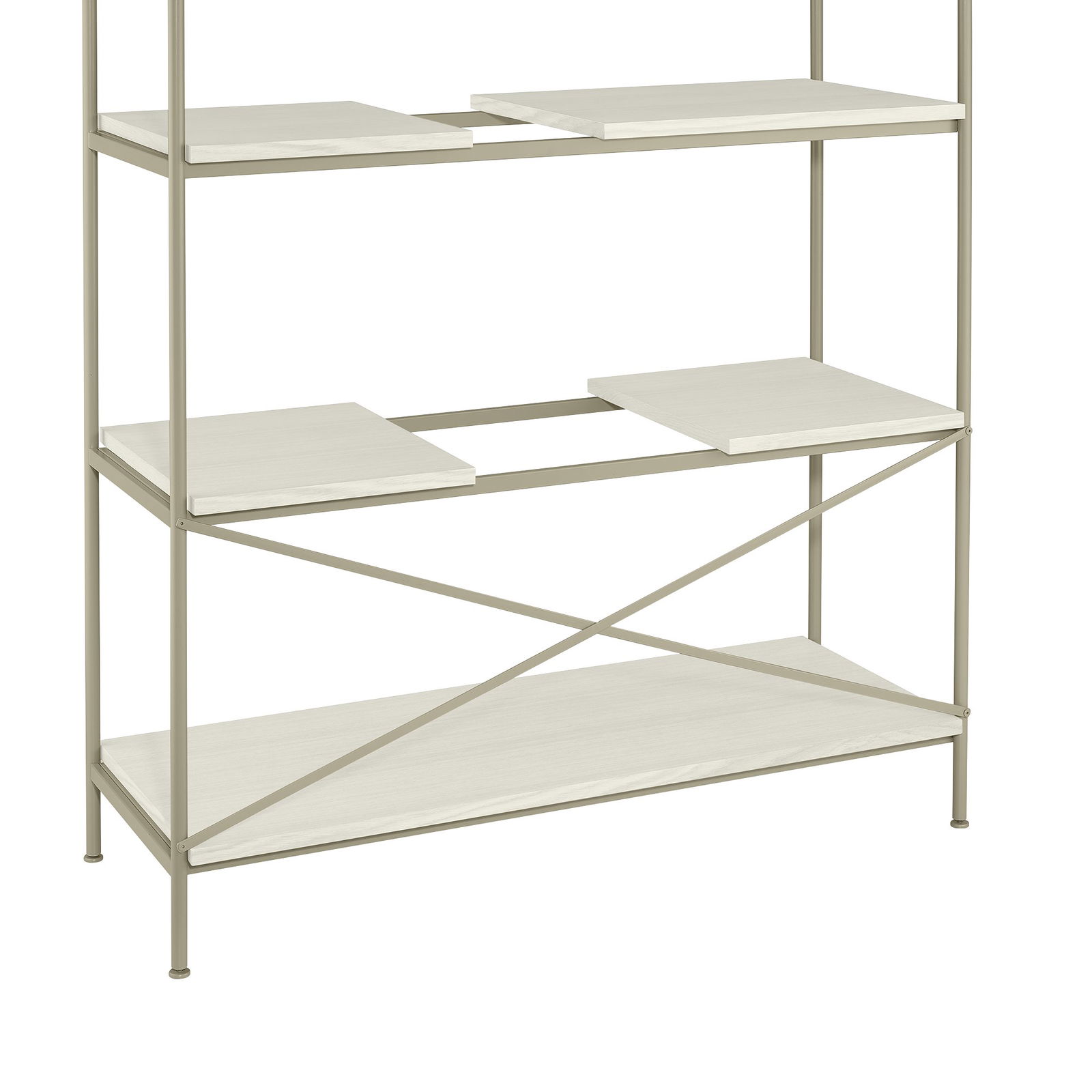 Modern minimalist shelving unit with multiple shelves and a sleek metal frame.