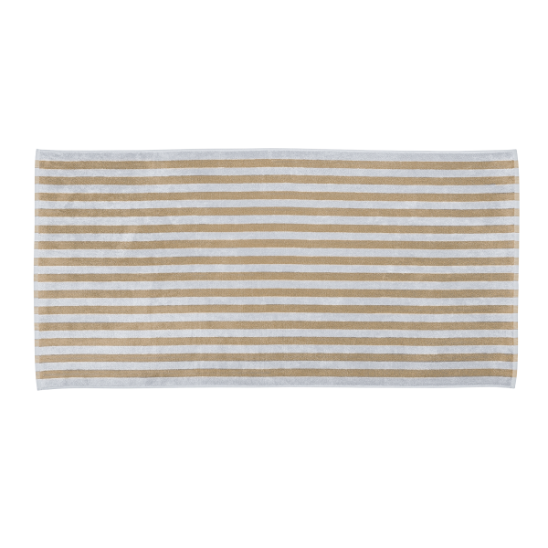 Striped beige and white towel perfect for beach or home use.