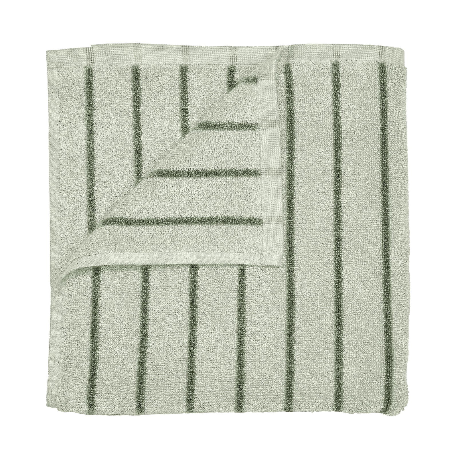 Soft green striped bathroom towel folded neatly for a fresh and elegant look.