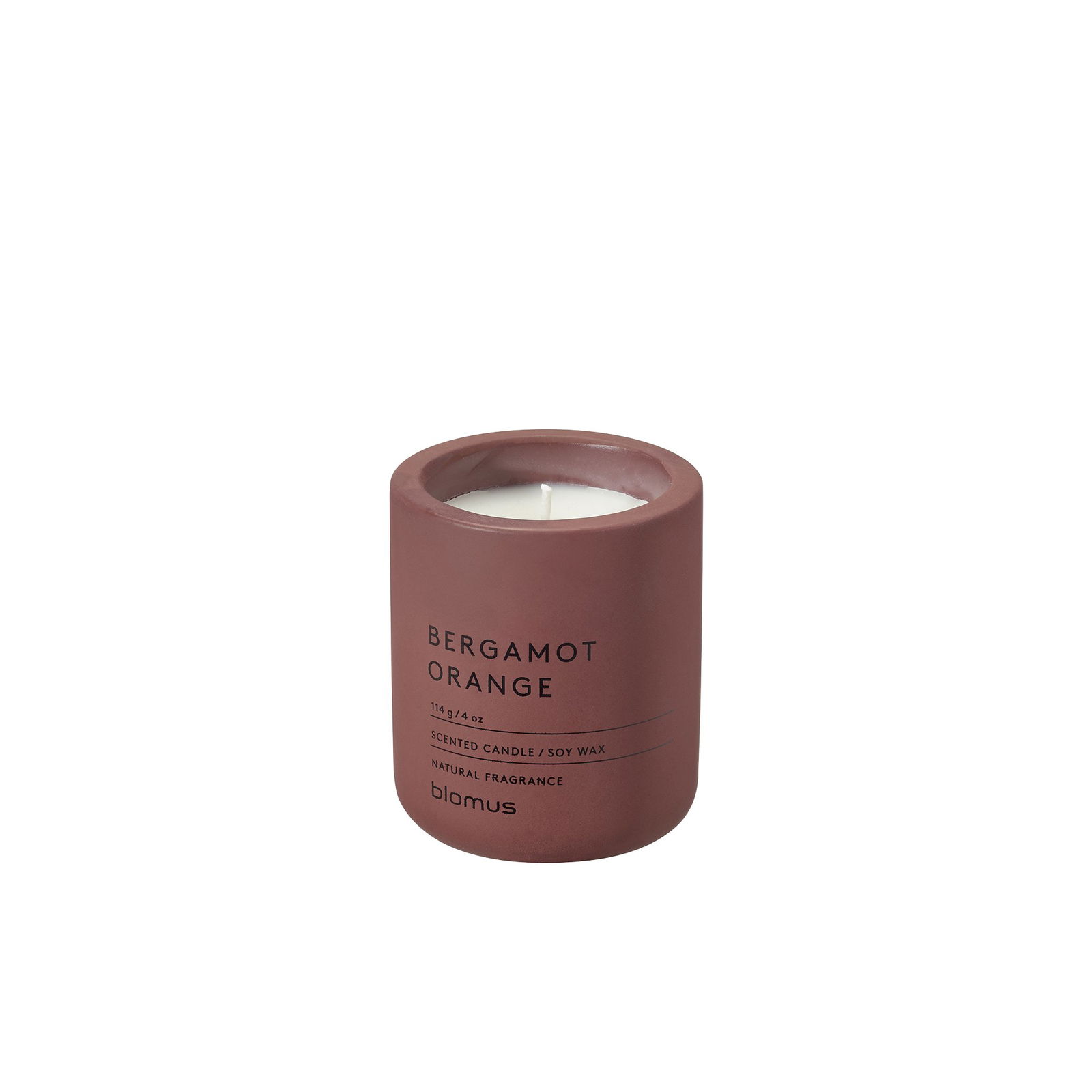Scented bergamot orange candle in a stylish maroon container on a white backdrop.