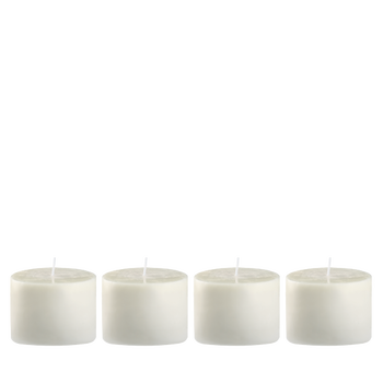 Four white unscented tea light candles arranged in a row on a black background.