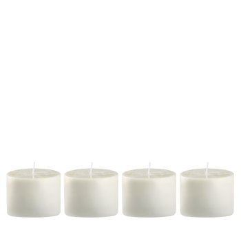 Four white tealight candles with small wicks arranged in a row.