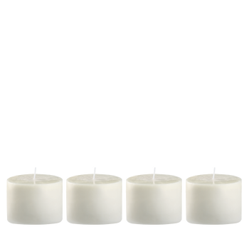 Four white candles in a row, perfect for home decor and soothing ambiance.