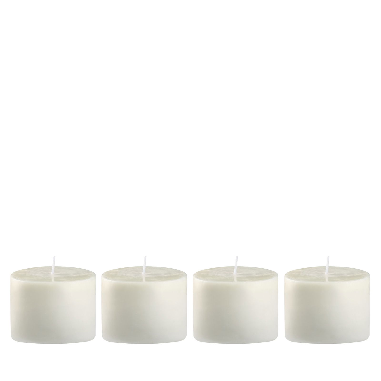 Four white candles in a row, perfect for home decor and soothing ambiance.