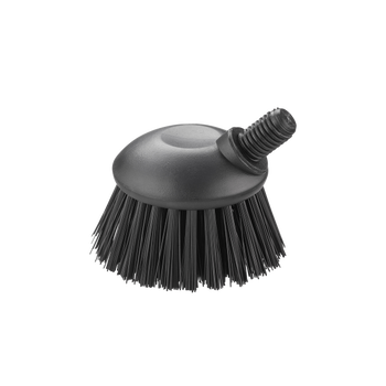 Black cleaning brush with bristles and a screw-on handle for versatile use.