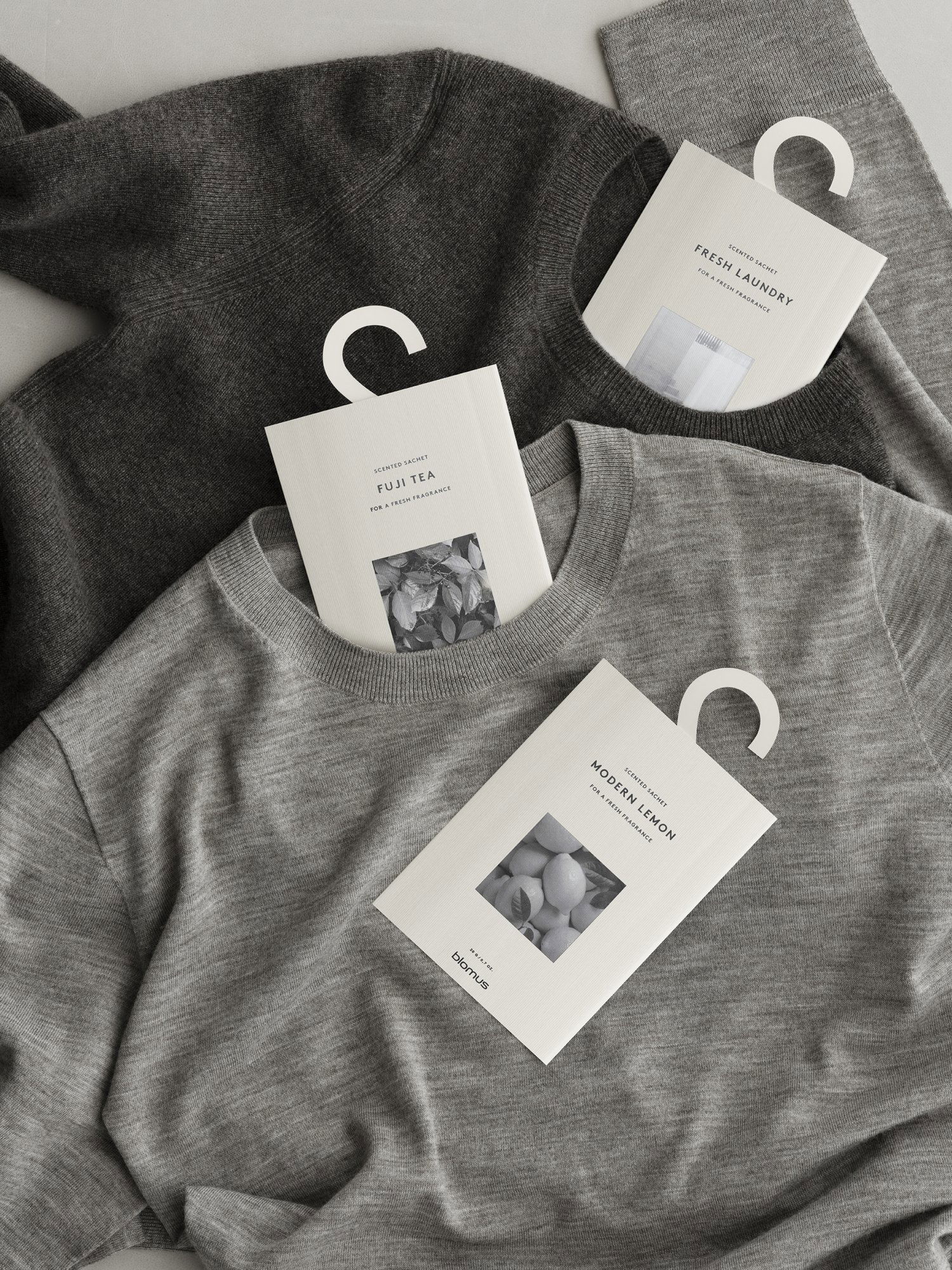 Stylische graue Sweatshirts mit minimalistischer Verpackung für Fuji Tea und Modern Lemon.