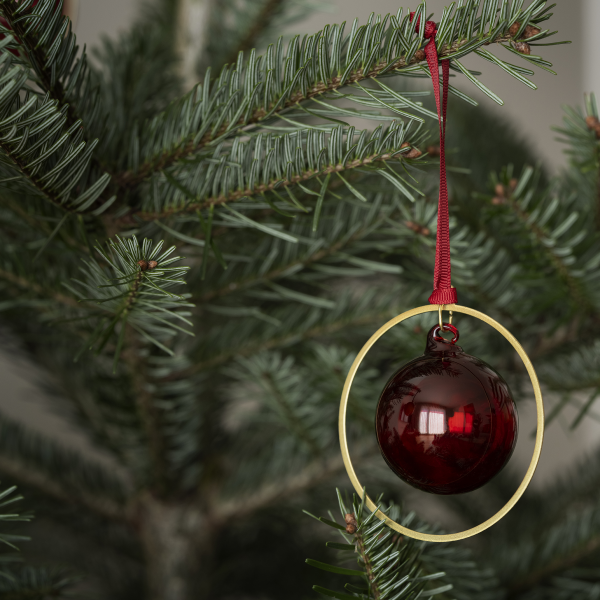 Red glass ornament hanging on a Christmas tree with green pine branches.