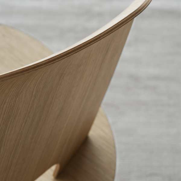 Nahaufnahme einer modernen Holzstuhl-Rückenlehne mit glattem, geschwungenem Design.