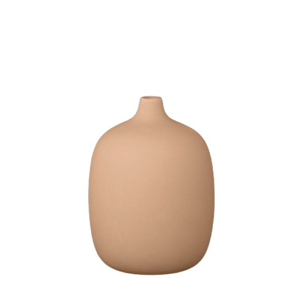 Minimalistische beige Keramikvase mit einer glatten, runden Form und schmalem Hals.