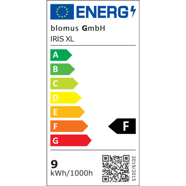 Energieeffizienzlabel für Blomus GmbH Iris XL, zeigt Energieeffizienzklasse F und kWh-Verbrauch.
