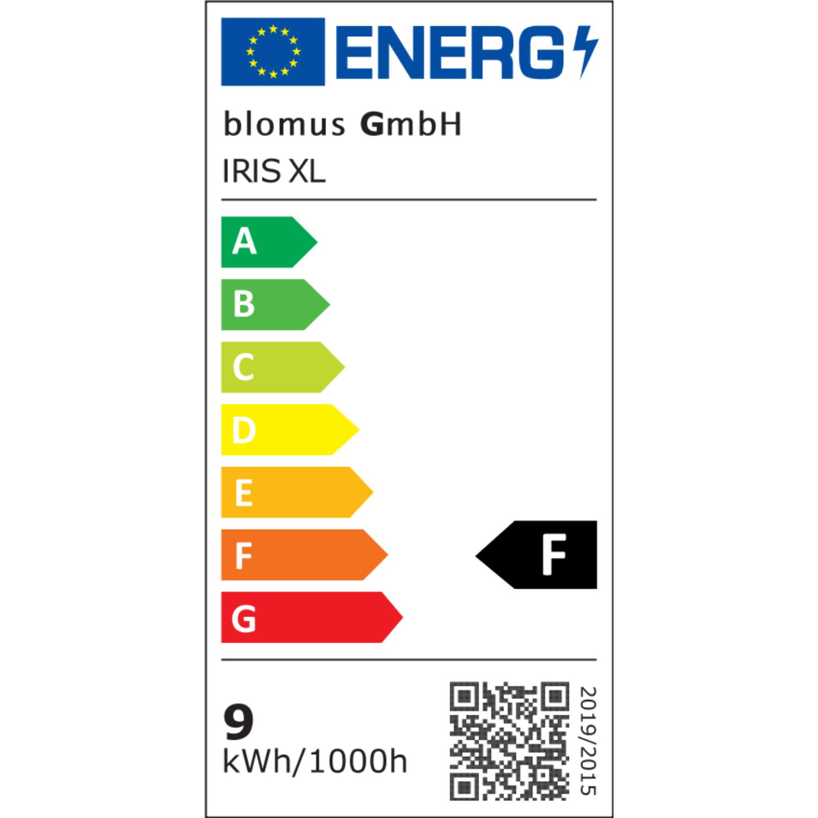 Energieeffizienzlabel für Blomus GmbH Iris XL, zeigt Energieeffizienzklasse F und kWh-Verbrauch.