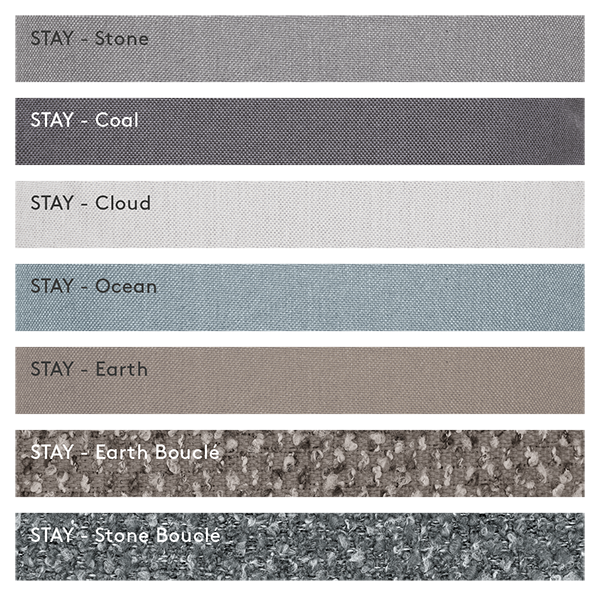 Fabric swatches showcasing various colors and textures labeled as "Stay" collection.
