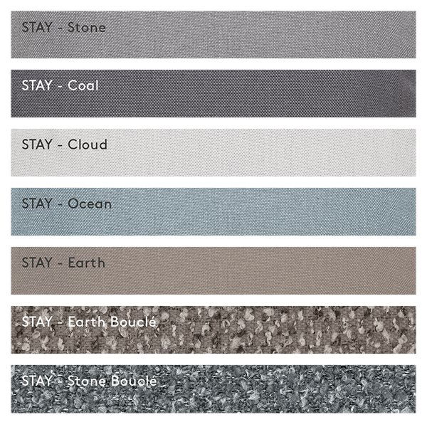 Fabric swatches showcasing various colors and textures labeled as "Stay" collection.