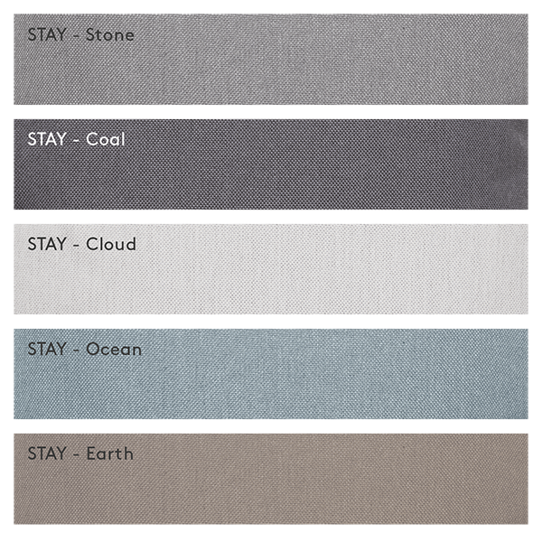 Color swatches of fabrics labeled Stay - Stone, Cool, Cloud, Ocean, and Earth.