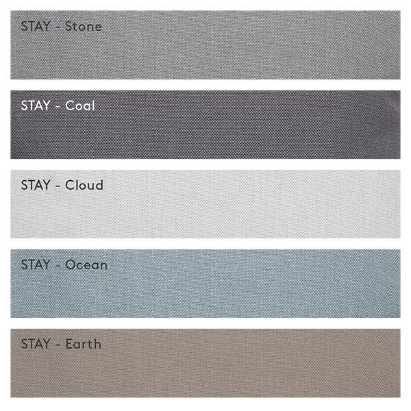 Color swatches of fabrics labeled Stay - Stone, Cool, Cloud, Ocean, and Earth.