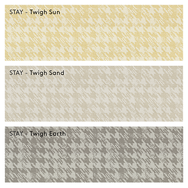 Texturierte Stoffmuster mit den Bezeichnungen Twigh Sun, Twigh Sand und Twigh Earth in verschiedenen Farben.