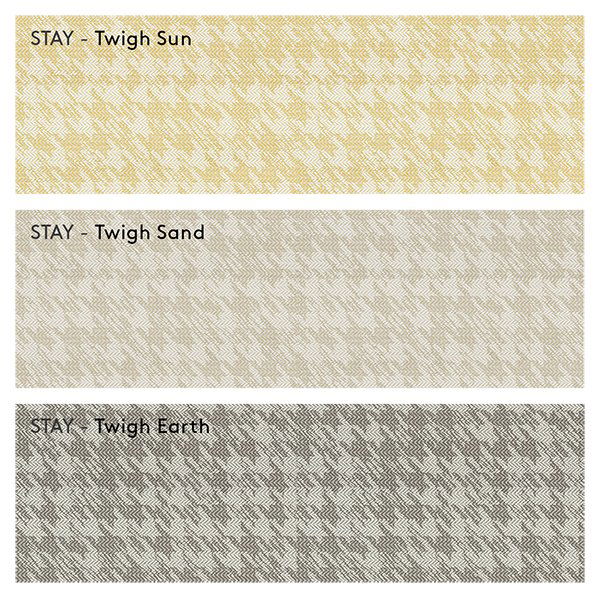 Texturierte Stoffmuster mit den Bezeichnungen Twigh Sun, Twigh Sand und Twigh Earth in verschiedenen Farben.