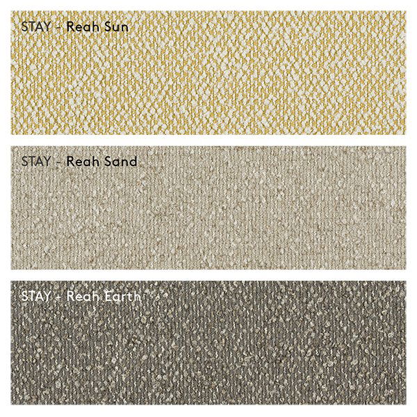 Three textured fabric swatches labeled Reah Sun, Reah Sand, and Reah Earth in earthy tones.