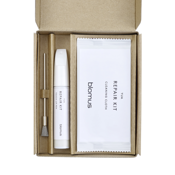 "Blomus YUVA Repair Kit with cleaning cloth and tool in an eco-friendly box."