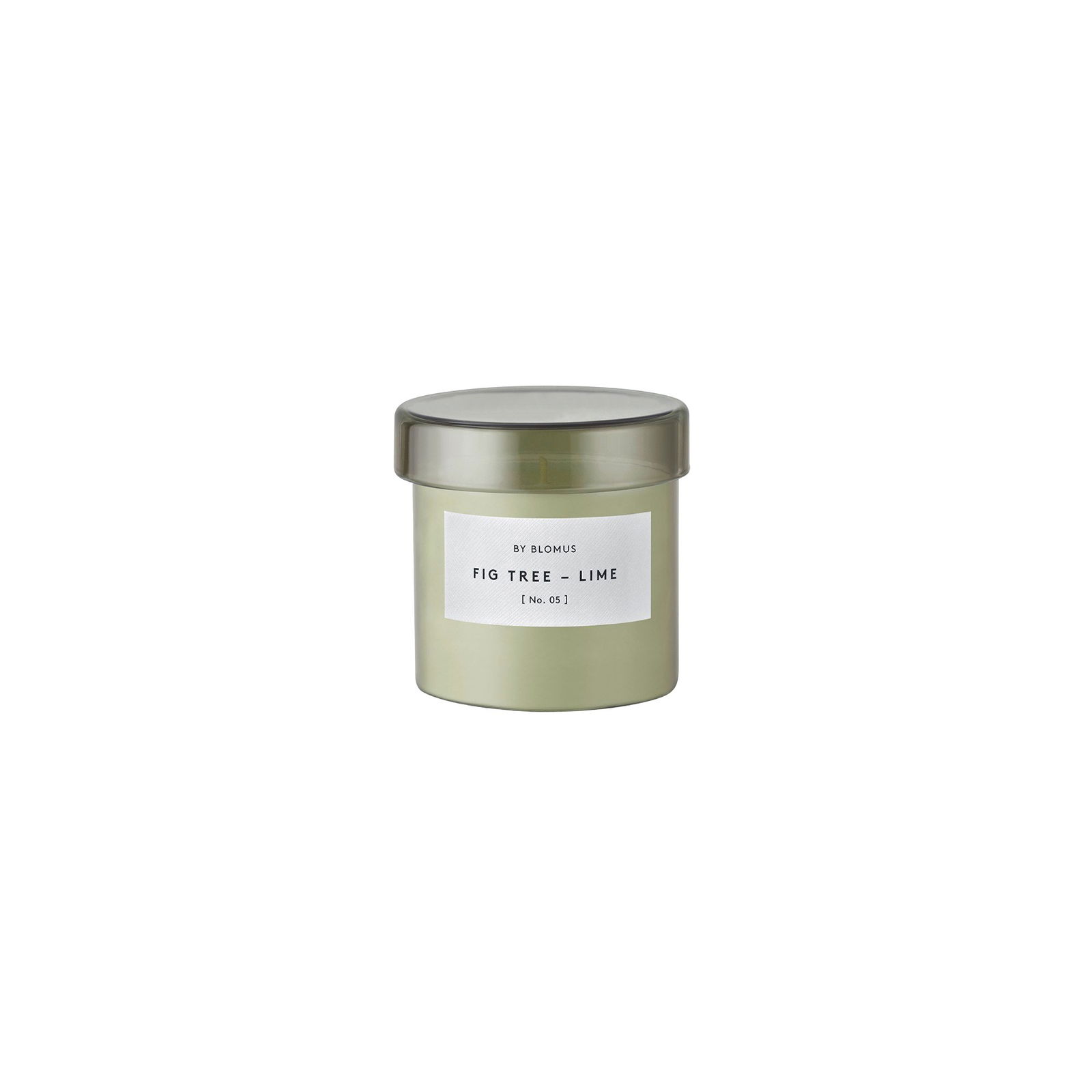 Fig Tree & Lime scented candle in a green glass jar with a minimalist label design.