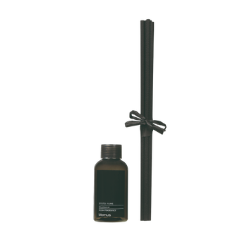 "Elegant room fragrance diffuser set with black reeds and dark glass bottle."