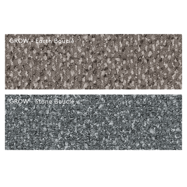 Two fabric swatches of GROW Boucle in Earth and Stone colors.