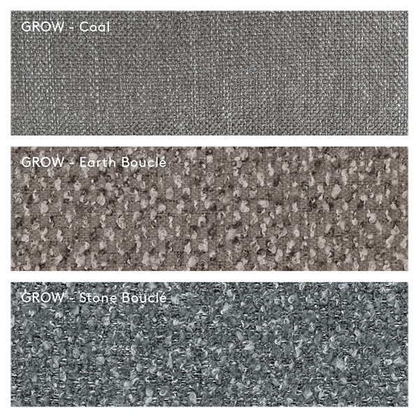 Drei strukturierte Stoffmuster mit der Bezeichnung GROW: Caaf, Earth Boucle und Stone Boucle.