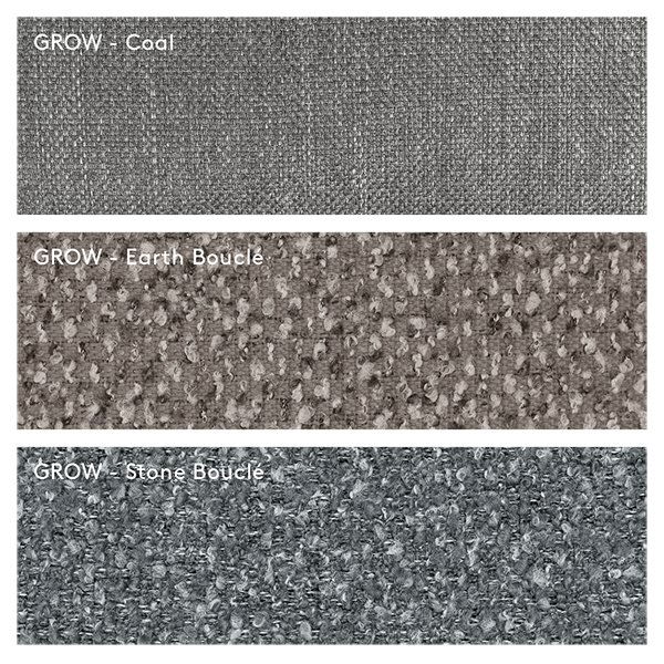 Drei strukturierte Stoffmuster mit der Bezeichnung GROW: Caaf, Earth Boucle und Stone Boucle.