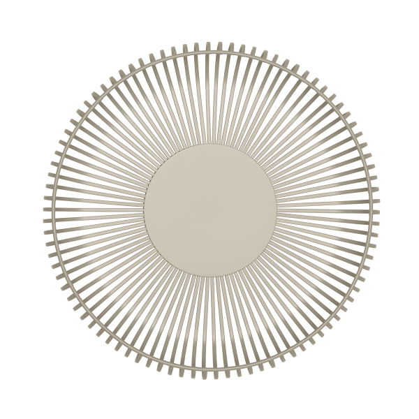 Moderner runder Spiegel mit Sonnenstrahl-Design und geometrischen Strahlen in neutralen Tönen.