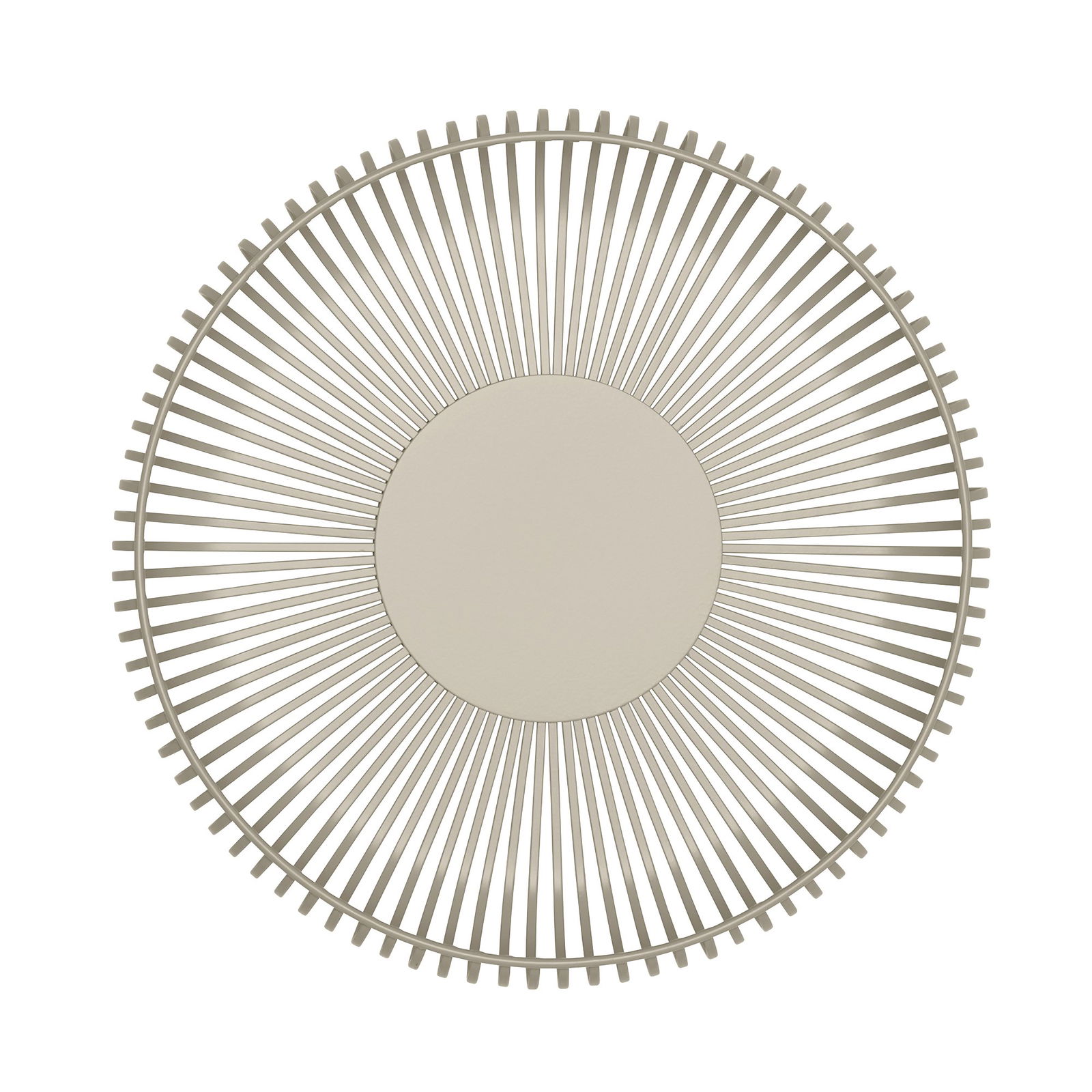 Moderner runder Spiegel mit Sonnenstrahl-Design und geometrischen Strahlen in neutralen Tönen.