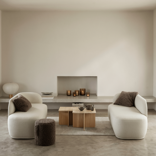 Moderner Wohnraum mit gemütlichen Sitzmöglichkeiten und minimalistischer Dekoration, die einen Holztisch umfasst.