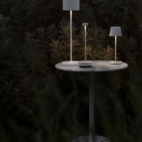 Moderne Außenlampen auf einem Tisch, umgeben von üppigem Grün bei Nacht.