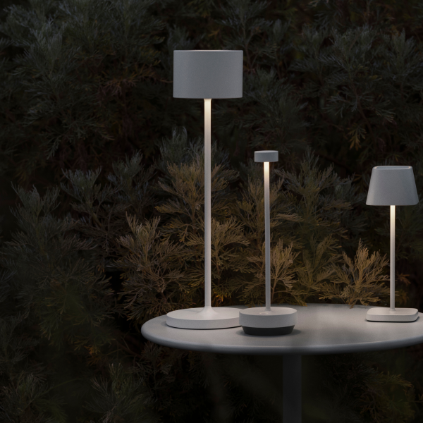 Moderne Außenlampen beleuchten einen Gartentisch inmitten üppiger Grünheiten bei Nacht.