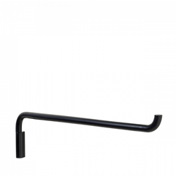 Black metal hook for hanging items on walls or shelves.
