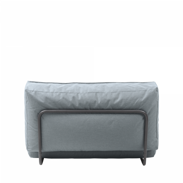 Modern minimalist gray sofa with a sleek metal frame, ideal for contemporary living spaces.